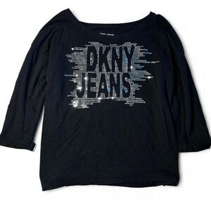 Vintage Y2K DKNY Jeans Black Sequin Logo Top Spellout 3/4 Sleeve Size M